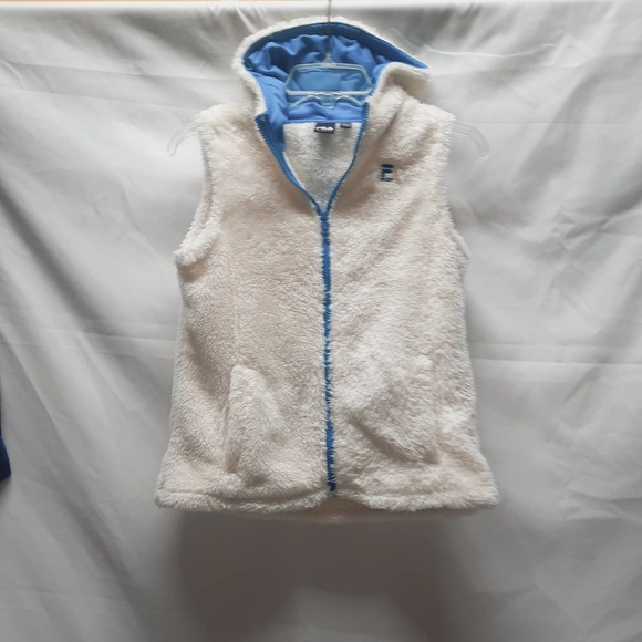 Fila Sport cream teal blue zip up faux fur hoodie vest Md 10-12 - Picture 1 of 7